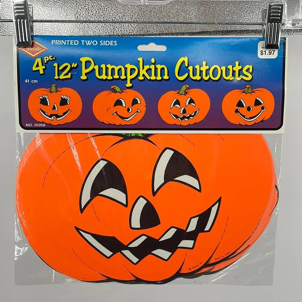 Vintage 90’s sealed Beistle 4 pc neon pumpkin double sided classroom decorations